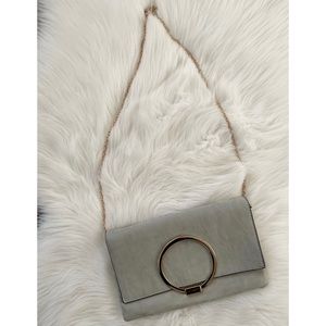 Gray Clutch with Gold Hardware and Crossbody Strap